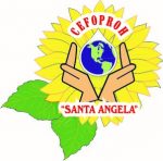 Santa Angelo logo, with a hand holding a planet over a sunflower