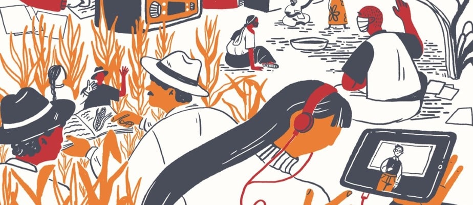 drawing of campesinos reading and a woman listening to an ipod lecture