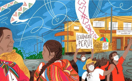 illustration of Peruvians marching for democracy with Centro Santa Angela office in the background