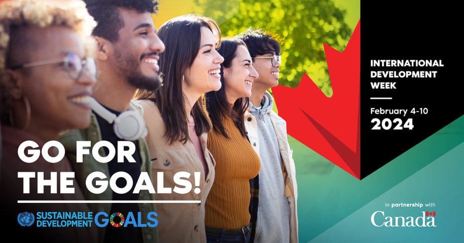 People stand side by side, smiling, facing right. The heading is Go for the Goals and there is a large stylized maple leaf.