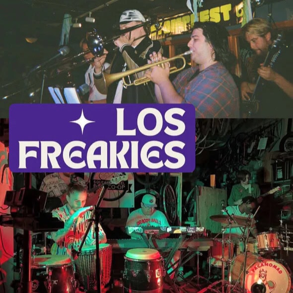 the band Los Freakies with brass, strings and percussion